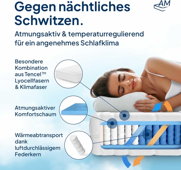 AM Qualitätsmatratzen 1000 Federn 7-Zonen Taschenfederkernmatratze 90x220 cm - 24 cm Premiumhöhe - 1.000 Federn Matratze 90x220 cm - H4 Bild 4