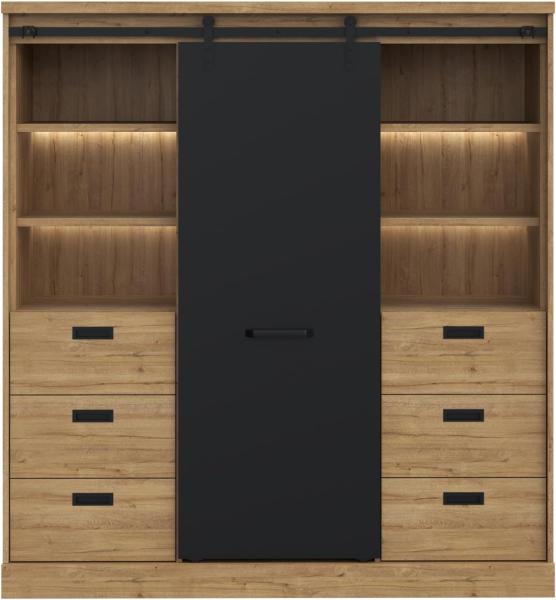 FORTE Kaszimiro Highboard mit LED Beleuchtung, Holzwerkstoff, Braun/Schwarz, 148,4 x 160,2 x 52 cm