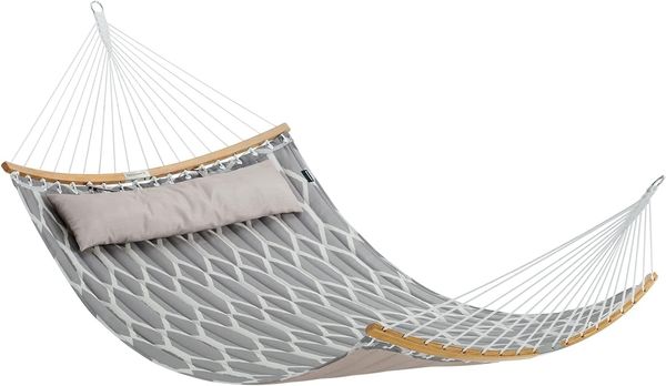 Songmics Hängematte, gepolstert, gesteppt, mit teilbaren gebogenen Bambusstangen, mit Kopfstütze, 200x140 cm, bis 225 kg belastbar, graue und beige Rauten GDC034G02