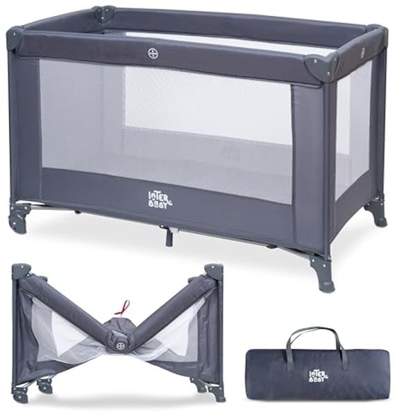 Interbaby Reisebett Baby klappbar mit Rollen 120x60 cm – Baby Reisebett mit Transporttasche, leicht faltbar, Kinderreisebett & Laufstall, Reisegitterbett bis 15 kg (Grau)