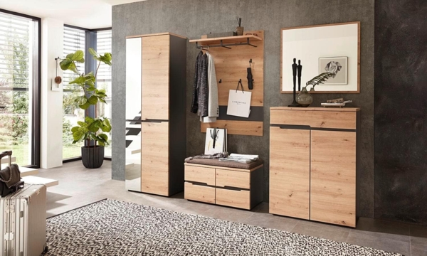 moebel-dich-auf Garderoben-Set MELBOURNE, (Komplettgarderobe, Garderobenschrank + Paneel + Bank + Spiegel + Schuhkommode), in Artisan Eiche MDF, Absetzung graphit