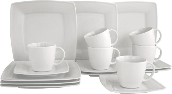 CreaTable Kaffeeservice Victoria Weiss (18-tlg), 6 Personen, Porzellan, abgerundete, quadratische Form