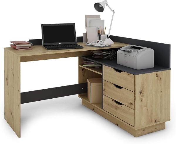 byLIVING Winkelschreibtisch BELFAST / Rechts oder Links montierbar / 3 Schubkästen / Artisan Eichen-Optik - anthrazit /Bürotisch / Eckschreibtisch / Schreibtisch / B 129, H 83,5, T 105 cm