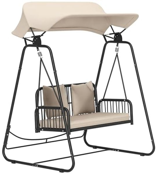 Outsunny Hollywoodschaukel mit verstellbar Sonnendach, Kissen, bis 240 kg belastbar, 2-Sitzer, Entspannen, Rattan-Schaukelstuhl, 1 tlg, 2 Sitzer Gartenschaukel, für Garten, Balkon, 149 x 121 x 180 cm, Khaki
