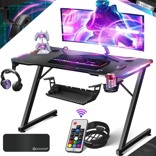 KESSER® Gaming Tisch LED | Z-Form Gamer Schreibtisch | Kopfhörerhaken & Kohlebeschichtung | Ergonomischer PC Computertisch | Stabiler Tisch mit Mauspad & Getränkehalter 120 x 60 cm, Schwarz Carbon mit LED