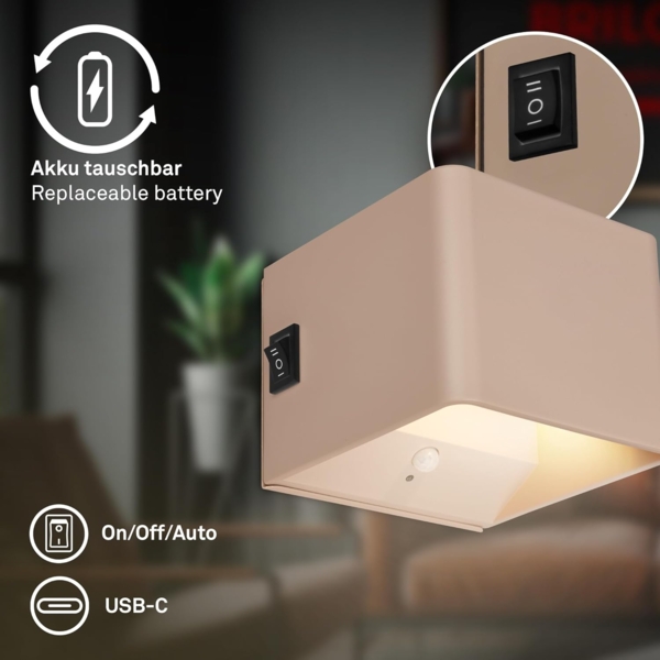 BRILONER Sticklights - LED Wandleuchte ohne Stromanschluss und ohne Bohren mit Bewegungsmelder, Akku, magnetisch abnehmbar, Wandlampe zum Kleben, Leselampe, Wohnzimmerlampe, Flur, 10 x 8 x 10 cm, Beige Bild 5