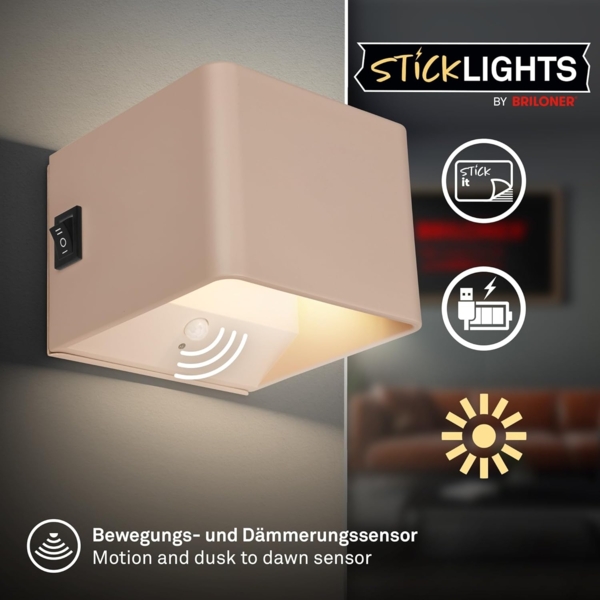 BRILONER Sticklights - LED Wandleuchte ohne Stromanschluss und ohne Bohren mit Bewegungsmelder, Akku, magnetisch abnehmbar, Wandlampe zum Kleben, Leselampe, Wohnzimmerlampe, Flur, 10 x 8 x 10 cm, Beige Bild 2
