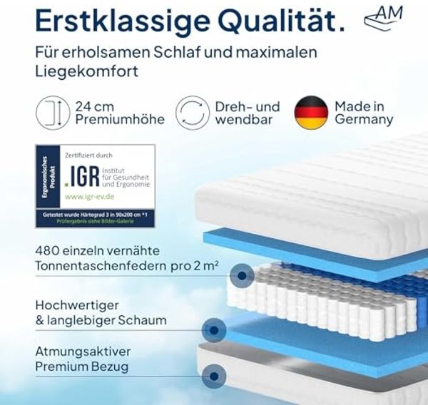 AM Qualitätsmatratzen Hochwertige 7-Zonen Taschenfederkernmatratze 130x200 cm - 24 cm Premiumhöhe - Tonnentaschenfederkernmatratze 130x200 cm - H3 Bild 3