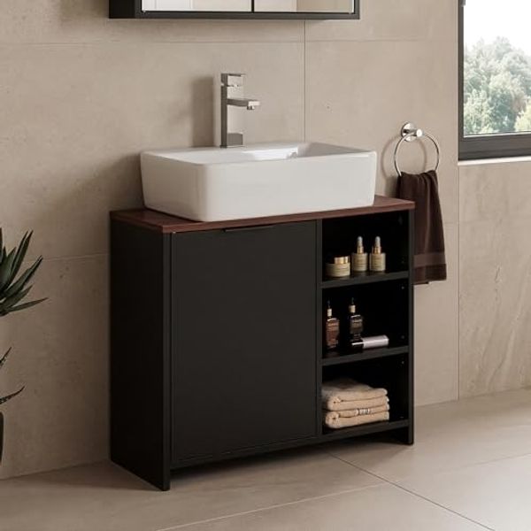 Waschbeckenunterschrank Trond 60x66x30 cm Schwarz/Walnussoptik [en. casa]