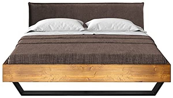 Möbel-Eins CURBY Kufenbett mit Polster-Kopfteil, Material Massivholz, rustikale Altholzoptik, Fichte, Kufen schwarz natur 90x200 cm Stoff Braun ohne Steppung Bild 3