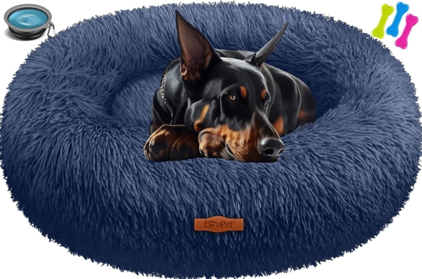 LOVPET® Hundebett Hundekissen Katzenbett Bagel, Waschbar, Inkl. Napf + 3x Kauknochen, Hundesofa flauschig Kissen Rund aus Plüsch für Kleine, Mittelgroße & Große Hunde, Katzen Navyblau, 4XL (120 x 120 cm)