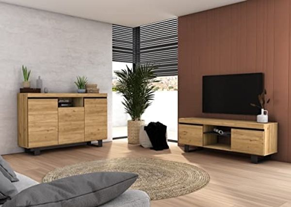 Skraut Home - Natürliches Esszimmer-Set, Beistellmöbel, Sideboard, TV-Möbel, 140 cm, Eiche Nordic, Schwarz