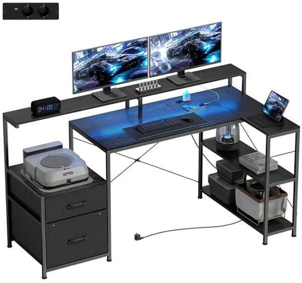 HOMCOM Gamingtisch mit LED & Steckdosen, Doppelmonitorständer, 2 Schublade, Ablagefächer (Computertisch, 1-St, Schreibtisch), für Büro, Arbeitszimmer, Schwarz