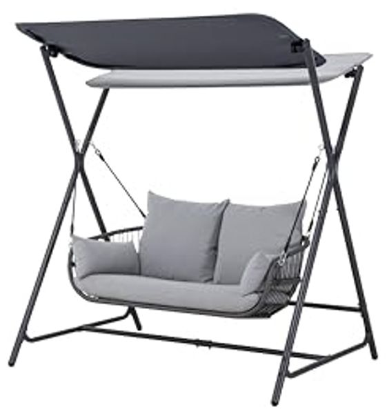 LECO Hollywoodschaukel 2-Sitzer MARIE, zwei verstellbare Sonnendächer, Stahlrohrgestell anthrazit, Graue Polsterauflagen, 171x130x173 cm