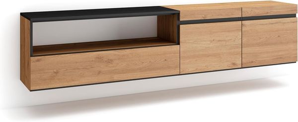 Skraut Home | TV-Schrank, Lowboard | für Wohnzimmer und Esszimmer | 200 x 45 x 35 cm | Für TV-Geräte bis zu 80" | Hängend | Moderner Stil | Eiche Schwarz