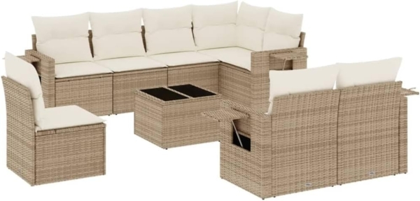 vidaXL 9-tlg. Garten-Sofagarnitur mit Kissen Beige Poly Rattan 3252785
