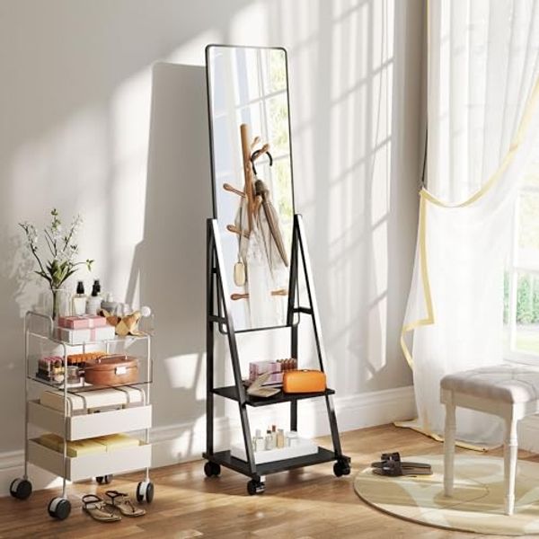 HOMCOM Standspiegel 42 x 155 cm, mit Ablage, mit Rolle (Wandspiegel, 1-St, Ganzkörperspiegel), für Schlafzimmer, Wohnzimmer, Schwarz