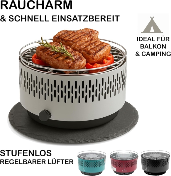 SOUK ONE Tischgrill mit Aktivbelüftung, Holzkohlegrill Grill mit Lüfter, Campinggrill BBQ Outdoor (Grau) Bild 3