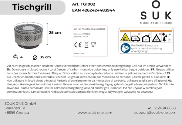 SOUK ONE Tischgrill mit Aktivbelüftung, Holzkohlegrill Grill mit Lüfter, Campinggrill BBQ Outdoor (Grau) Bild 9