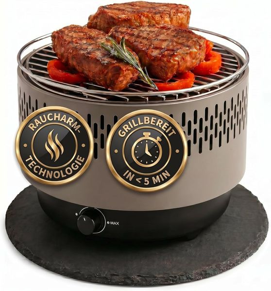 SOUK ONE Tischgrill mit Aktivbelüftung, Holzkohlegrill Grill mit Lüfter, Campinggrill BBQ Outdoor (Grau)
