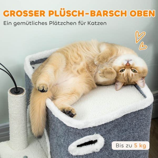 PawHut Kratzbaum Plüsch, für Katzen unter 5 kg, 2-stöckiges Haus, Sisalpfosten, Grau Bild 3