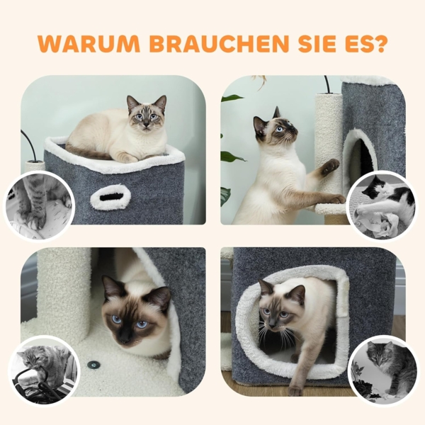 PawHut Kratzbaum Plüsch, für Katzen unter 5 kg, 2-stöckiges Haus, Sisalpfosten, Grau Bild 6