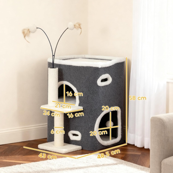 PawHut Kratzbaum Plüsch, für Katzen unter 5 kg, 2-stöckiges Haus, Sisalpfosten, Grau Bild 7