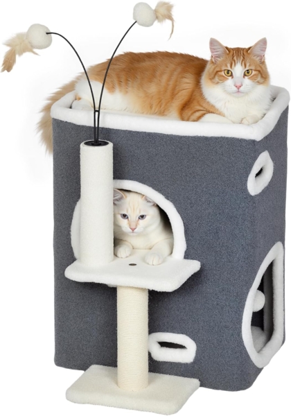 PawHut Kratzbaum Plüsch, für Katzen unter 5 kg, 2-stöckiges Haus, Sisalpfosten, Grau Bild 1