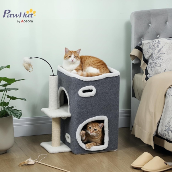 PawHut Kratzbaum Plüsch, für Katzen unter 5 kg, 2-stöckiges Haus, Sisalpfosten, Grau Bild 2