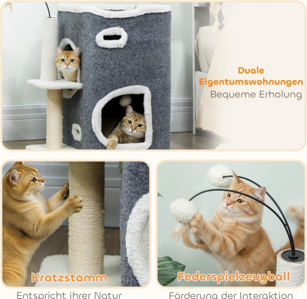 PawHut Kratzbaum Plüsch, für Katzen unter 5 kg, 2-stöckiges Haus, Sisalpfosten, Grau Bild 4