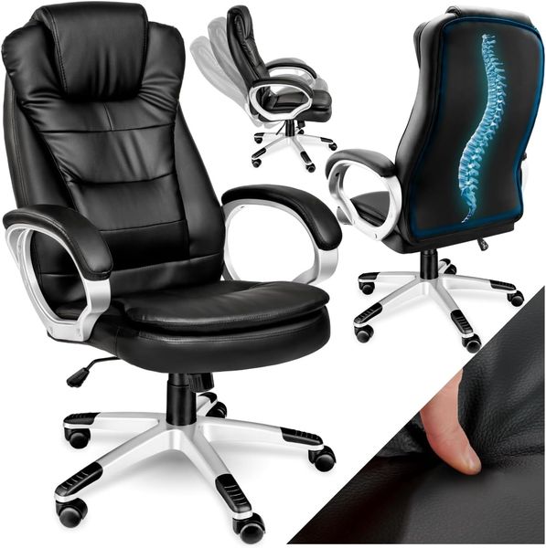tectake 800983 Chefsessel Bürostuhl mit hoher Rückenlehne und verstärkter Polsterung, stufenlos höhenverstellbar, ergonomischer Drehstuhl mit Einstellbarer Wippmechanik (Schwarz | Nr. 400578)