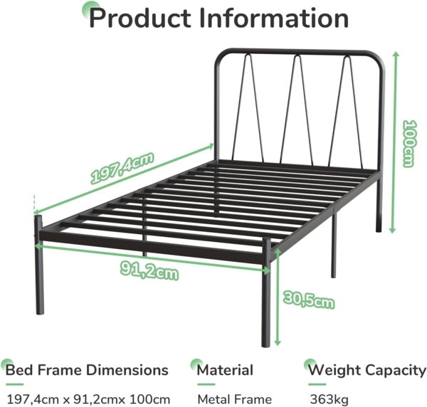 Novilla Bettrahmen 90x190 cm, Bettgestell mit Lattenrost aus Metall , Kopfteil mit Wellenmuster im modernen Stil,Modern Gästebett, Schwarz Bild 2