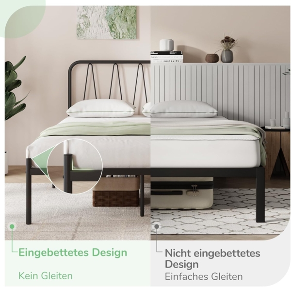 Novilla Bettrahmen 90x190 cm, Bettgestell mit Lattenrost aus Metall , Kopfteil mit Wellenmuster im modernen Stil,Modern Gästebett, Schwarz Bild 7