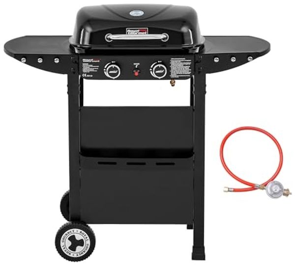 Royal Gourmet 2-Brenner Gasgrill und Griddle Combo, 2 IN 1 Grillwagen mit abklappbare Seitenablagen, Ablagekorb, 5 kW Campinggrill für Garten Schwarz