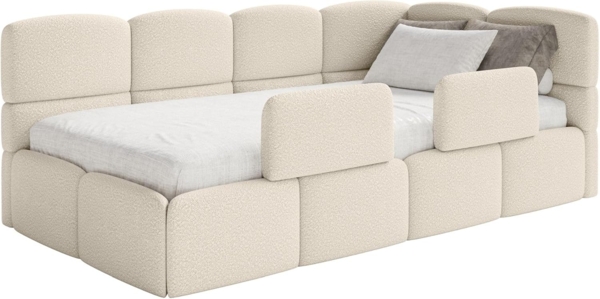 Selsey Jugendbett 90x200 cm Rechts Komfortables Polsterbett mit Bettkasten und HR30 Matratze Inklusive Abnehmbarem Rausfallschutz Gasdruckfedern für Stauraum Stabiler Rahmen Hellbeige Bild 3