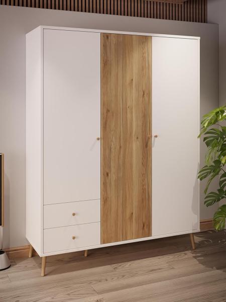 Forte EasyKlix HARLLSON Kleiderschrank Weiß mit Holzdekor: Mauvella Eiche, mit 3 Türen, 2 Schubladen, Einlegeböden und Kleiderstange, hoche Holzfüße, 154 cm breit x 202 cm hoch x 52 cm tief