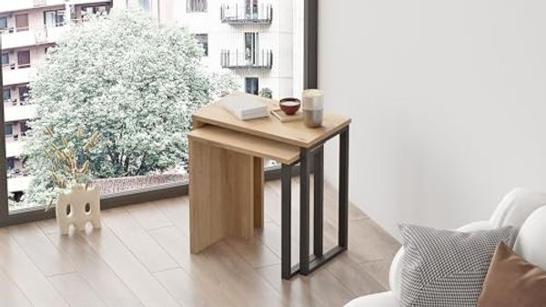 Hanah Home Elegant Walnut Nesting Tables (2 Pieces), 100% Melamine Coated, 18mm Thick | Dimensions: 51 x 52.8 x 29.5 & 44.5 x 47.8 x 24.5 cm | Sturdy Metal Legs, Modern Design