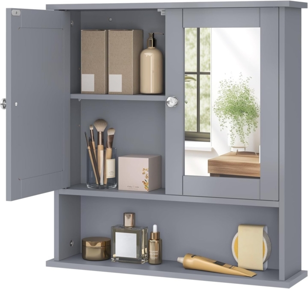 eSituro SBP0059 Spiegelschrank Badspiegel Hängeschrank mit Türen Wandschrank Badschrank Grau BHT ca: 56 x 58,3 x 13 cm