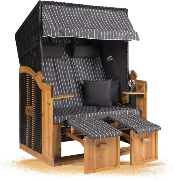 Strandkorb Hanse Strandkorb Strandkorb Ostsee 2 Sitzer grau weiß gestreift, BxTxH: 120x80x160 cm, Volllieger, Ostsee-Modell, Stabiles Wacholder mit handgefertigtem Polyrattangeflecht