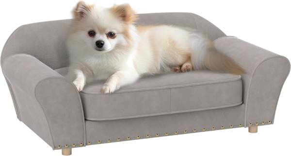 PawHut Tierbett für kleine Hunde, mit abnehmbarem und waschbarem Kissen, Polyester, mit Nietendekoration, 10 kg, Grau