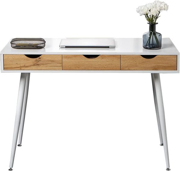 sogesfurniture Schreibtisch mit 3 Schubladen, Moderner Computertisch Bürotisch Arbeitstisch PC Laptop Tisch mit 4 Metallbeine in Weiß, 110 * 50 * 78cm, BHEU-GCBG1016