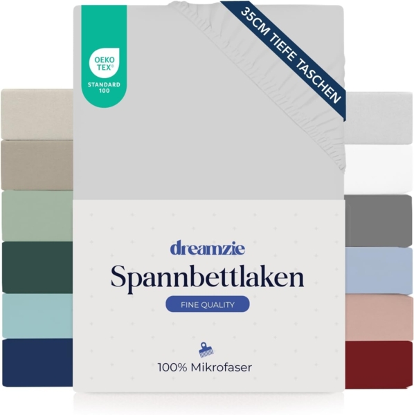 Dreamzie Spannbettlaken 90x190 cm - 35 cm Tiefe Tasche - 100% Mikrofaser Bettlaken - Grau, Schadstoffgeprüft(Oeko TEX), Bettlaken mit Gummizug Bild 1