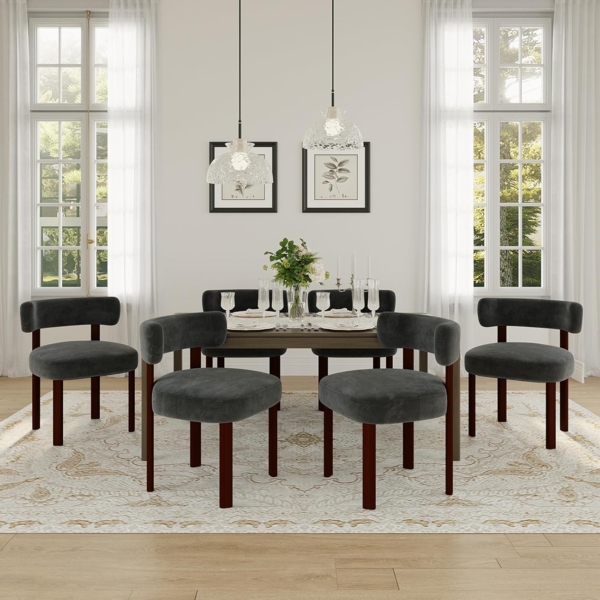 COLAMY Mid-Century Modern Design Sherpa Esszimmerstühle 6er Set, Vintage Landhaus-Stil Bouclé Küchenstühle mit offener geschwungener Rückenlehne für Esszimmer, Restaurant, Grau