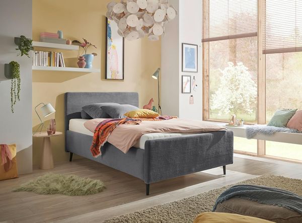Stella Trading Peach Polsterbett Bettgestell 120x200, Dunkelgrau - Modernes Einzelbett in Cord-Optik mit Holzfüßen - 129 x 108 x 215 cm (B/H/T)