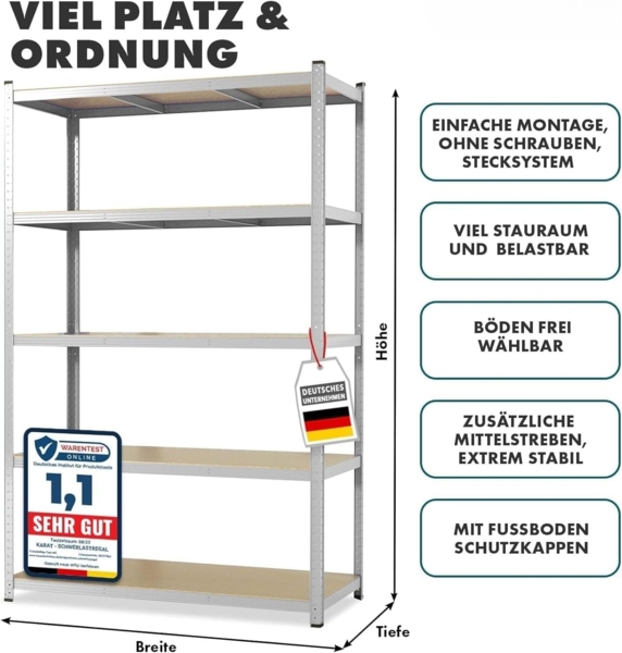 KARAT Schwerlastregal - Steckregal, Kellerregal, Lagerregal, Werkbank - Traglast bis 1250 kg - Schnelle Montage & Standsicher (Anthrazit-Grau, 180 x 90 x 60 cm) Bild 2