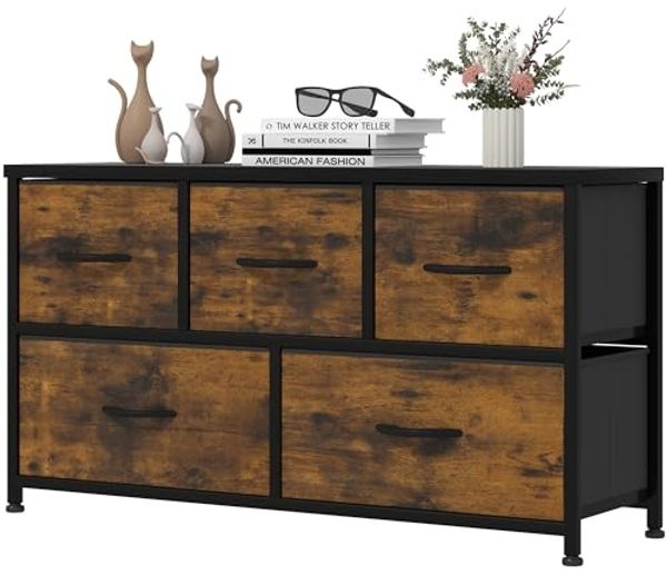YITAHOME Kommode,Kommode mit 5 Schubladen,Schrank,Stoffschubladen mit Griffen,Metallgestell,Dauerhaft,Rustikal Braun