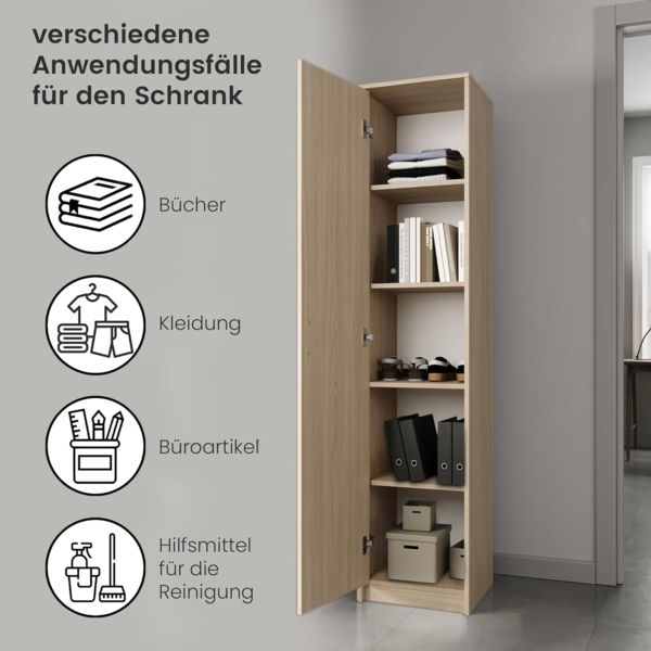 Schrank Mehrzweckschrank Sonoma 40cm Breite 180cm Höhe mit Vier Einlegeböden schmaler Aktenschrank Organizer Kleiderschrank aus MDF Holz Bild 6