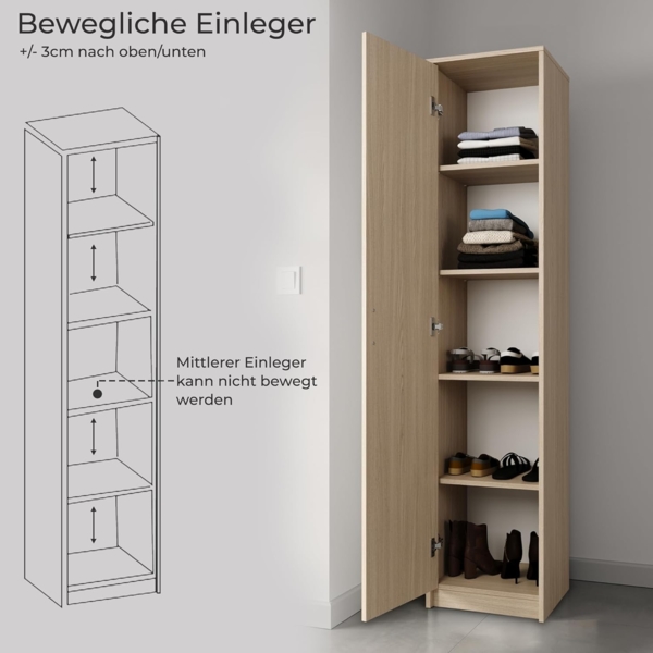 Schrank Mehrzweckschrank Sonoma 40cm Breite 180cm Höhe mit Vier Einlegeböden schmaler Aktenschrank Organizer Kleiderschrank aus MDF Holz Bild 5