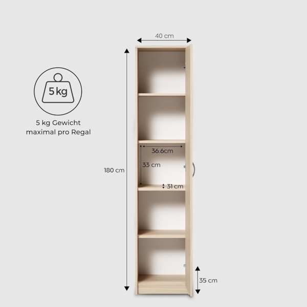 Schrank Mehrzweckschrank Sonoma 40cm Breite 180cm Höhe mit Vier Einlegeböden schmaler Aktenschrank Organizer Kleiderschrank aus MDF Holz Bild 2