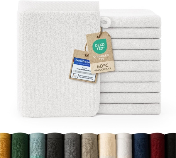 Blumtal Premium Frottier Handtücher Set mit Aufhängschlaufen - Baumwolle Oeko-TEX Zertifiziert, weich, saugstark - 10x Waschlappen (15x20 cm), Weiß